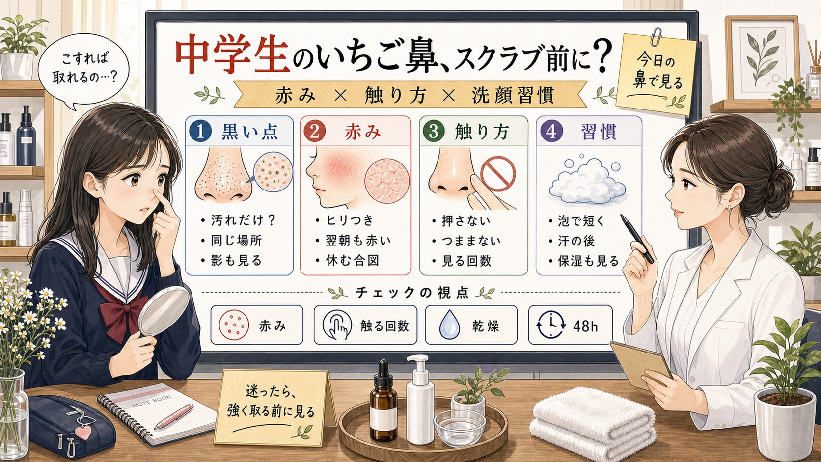 中学生のいちご鼻をスクラブ前に赤み・触り方・洗顔習慣・48時間で整理する1433型相談ボード