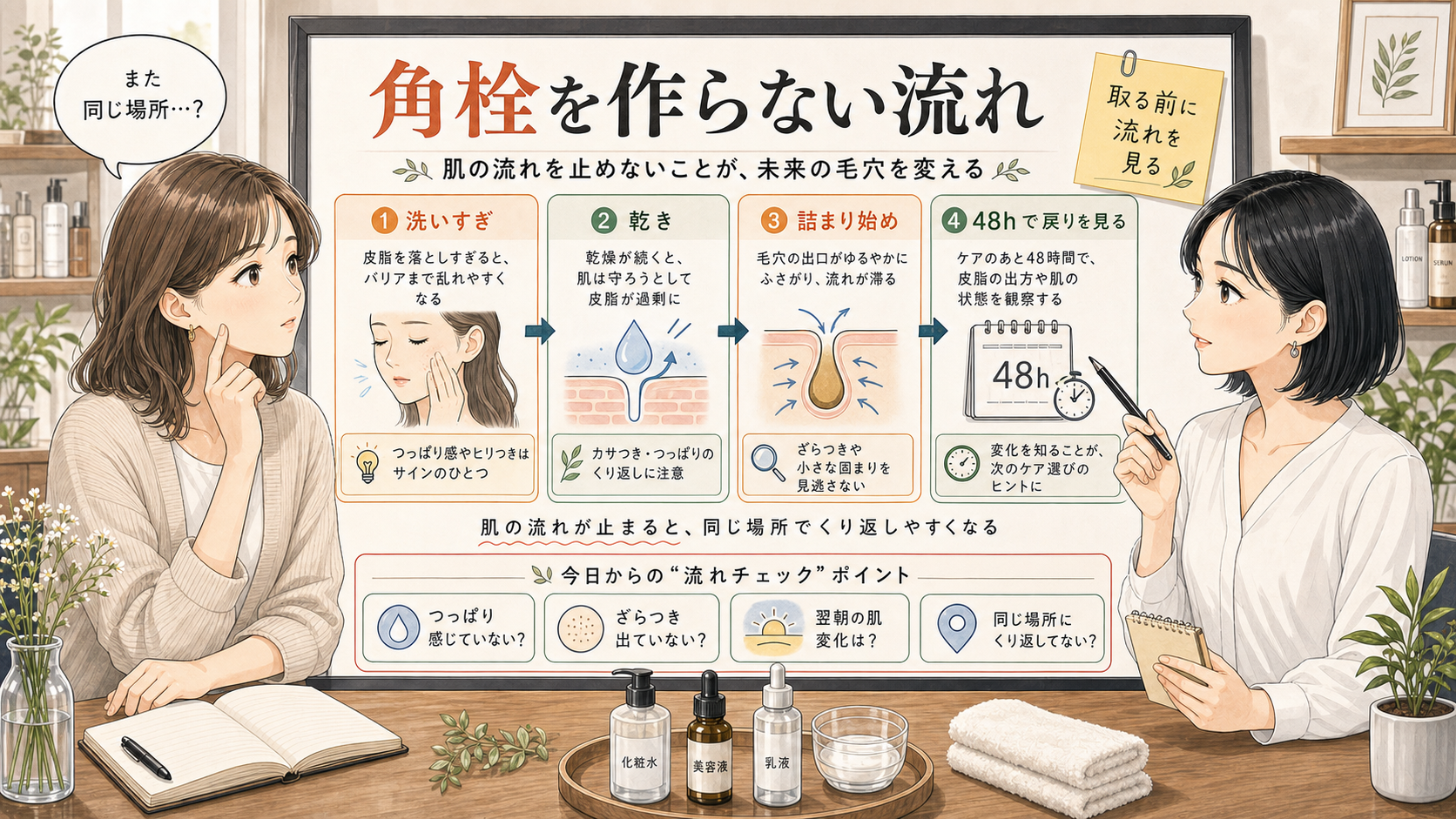 角栓を作らないために、洗いすぎ、乾き、詰まり始め、48時間の戻り方を整理する美容相談ボード
