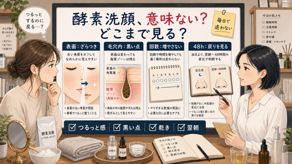 酵素洗顔で変わる表面のざらつき、毛穴内の黒い点、回数、48時間の戻り方を整理する診断ボード