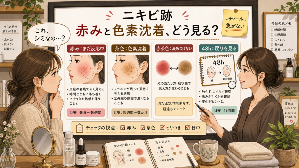 ニキビ跡の赤み、色素沈着、赤茶色の迷い、48時間の戻り方を整理する診断ボード