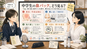中学生のいちご鼻に鼻パックを使う前の赤み、黒い点、貼り直し、48時間の戻り方を整理する診断ボード