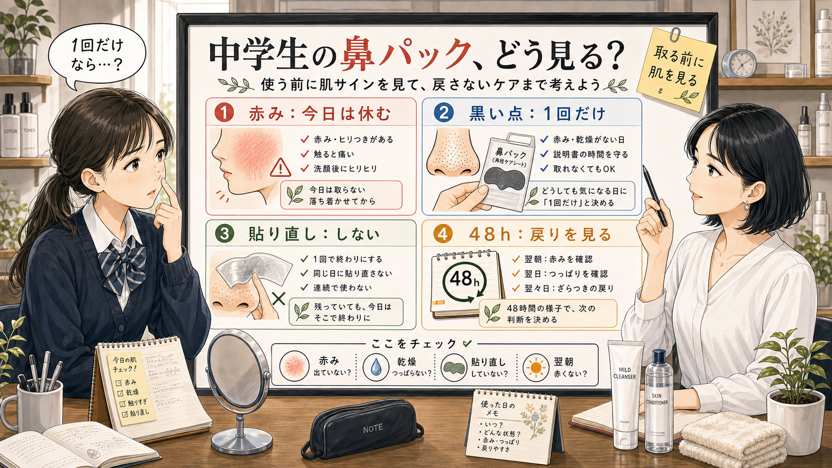 中学生のいちご鼻に鼻パックを使う前の赤み、黒い点、貼り直し、48時間の戻り方を整理する診断ボード