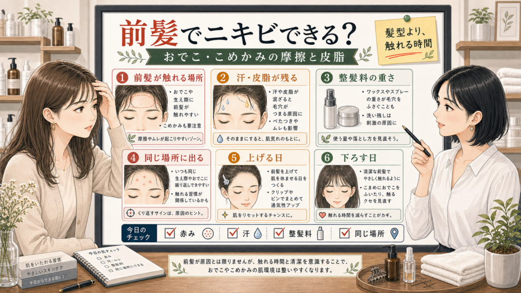 前髪でニキビができる原因をおでこやこめかみの摩擦と皮脂で整理する美容相談風アイキャッチ