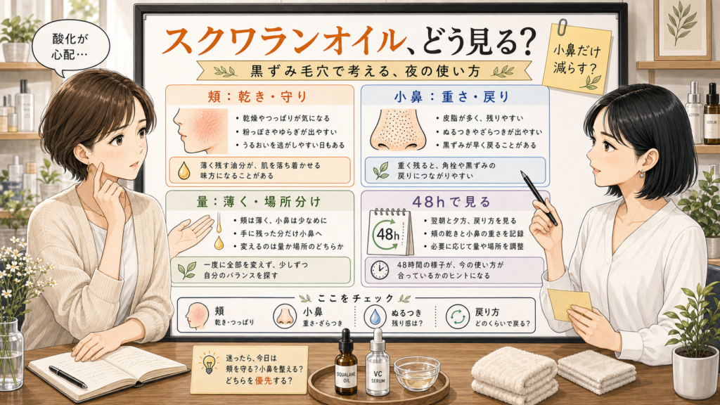 スクワランオイルの酸化不安を頬・小鼻・量・48時間の戻り方で整理する美容相談ボード