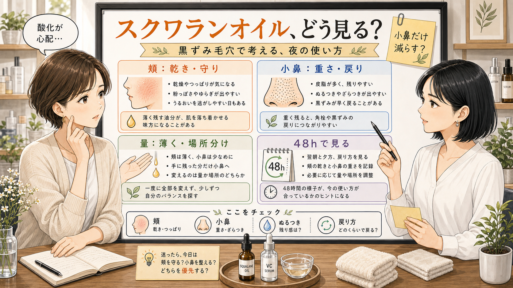 スクワランオイルの酸化不安を頬・小鼻・量・48時間の戻り方で整理する美容相談ボード