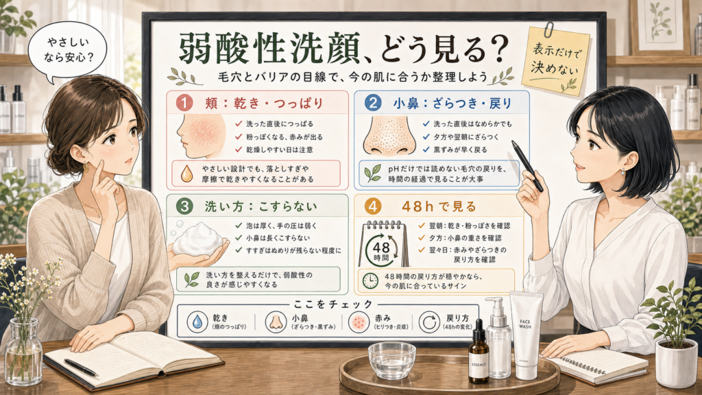 弱酸性洗顔を頬の乾き・小鼻の戻り・48時間の変化で整理する美容相談ボード
