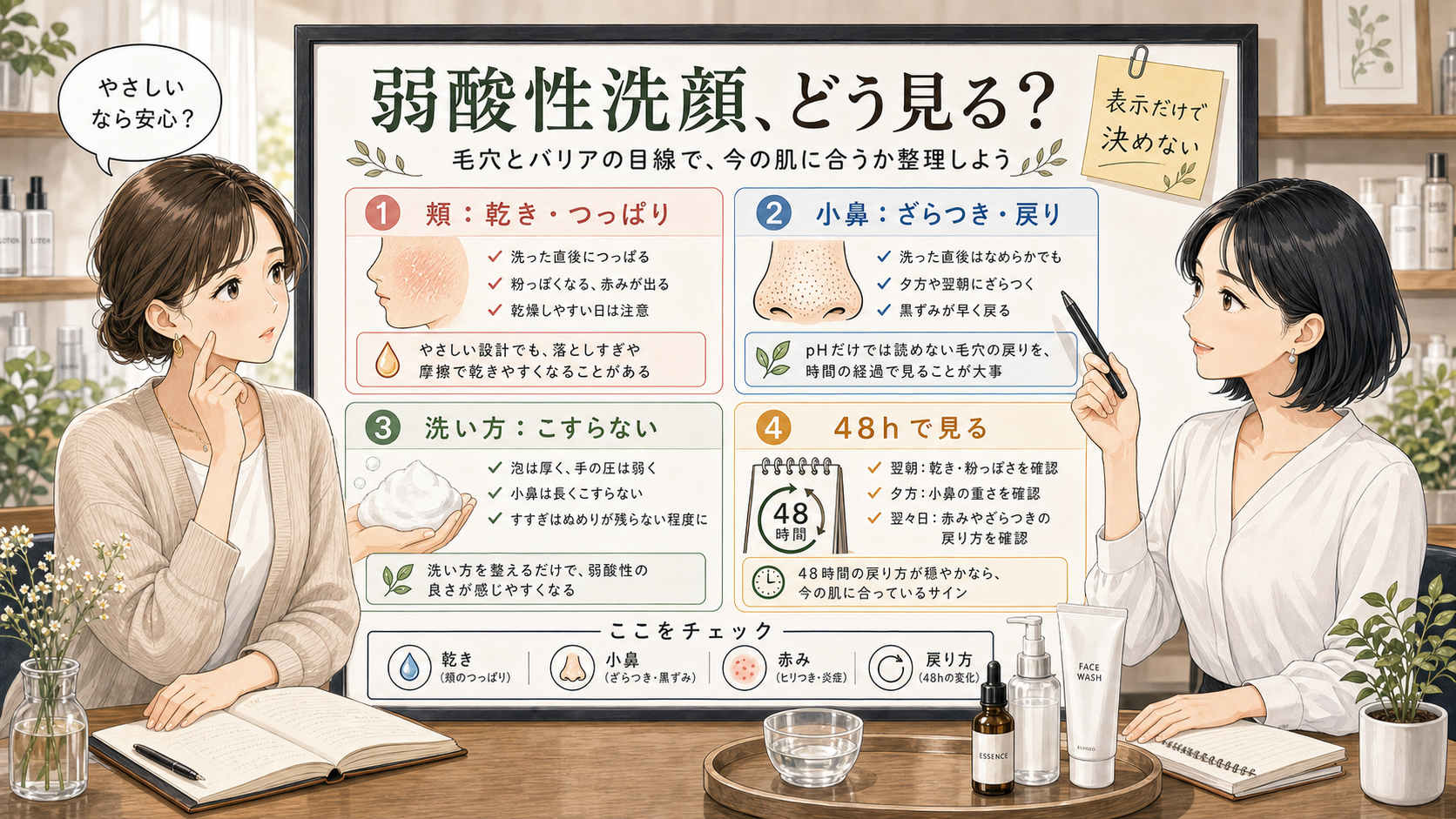 弱酸性洗顔を頬の乾き・小鼻の戻り・48時間の変化で整理する美容相談ボード