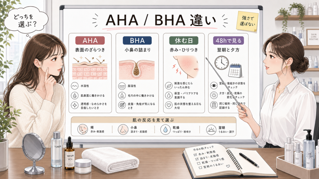AHAとBHAの違いを肌表面と小鼻の詰まりで比較するボード