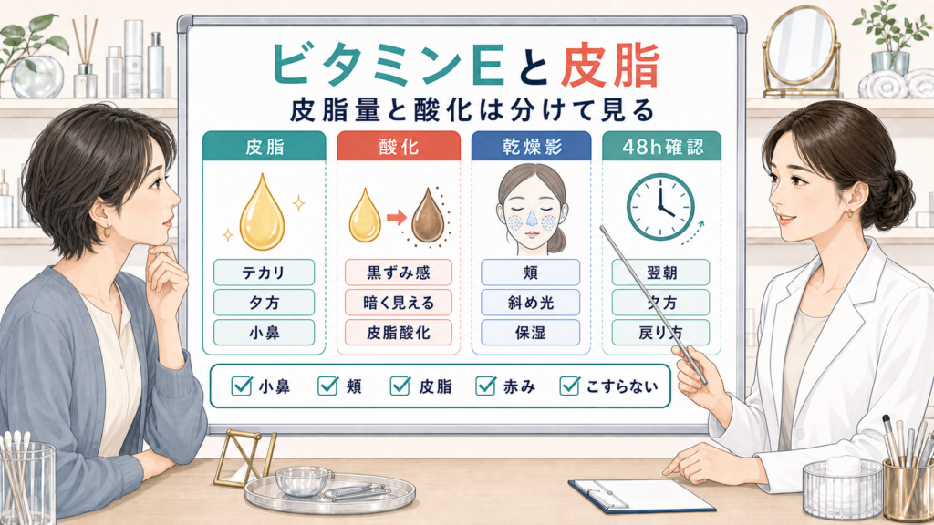 ビタミンEと皮脂酸化と毛穴の黒ずみ感を比較する美容相談ボード