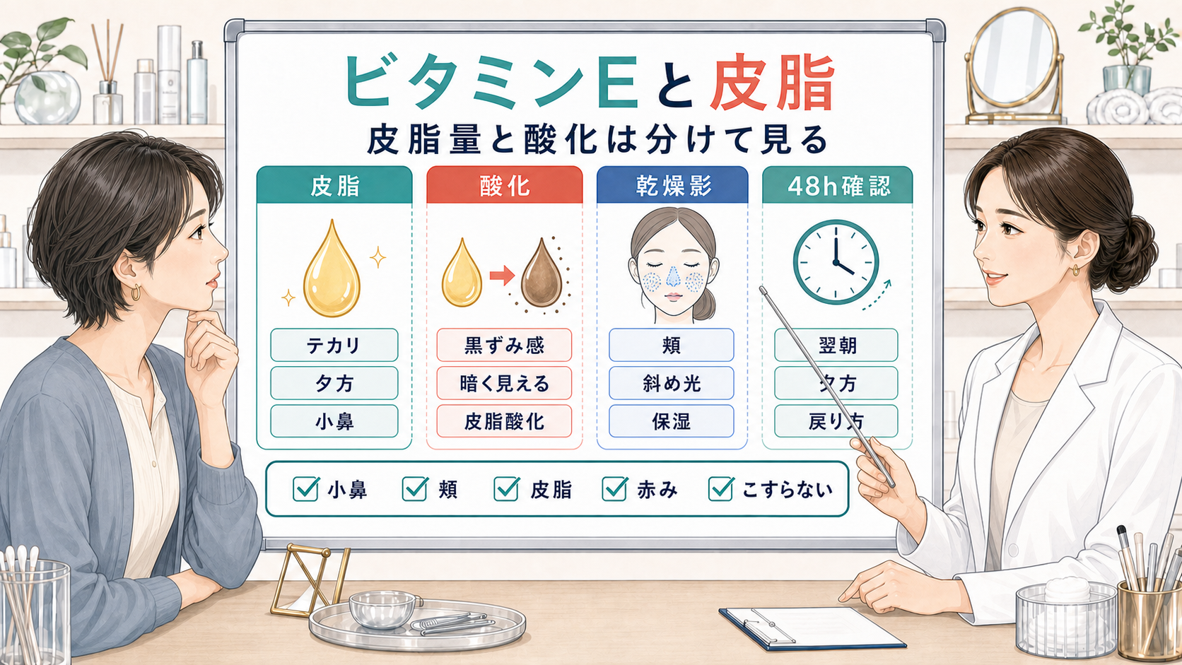 ビタミンEと皮脂酸化と毛穴の黒ずみ感を比較する美容相談ボード