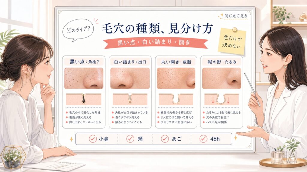 毛穴の種類の見分け方を黒い点、白い詰まり、丸い開き、たるみ、48時間の戻り方で整理する美容相談ボード