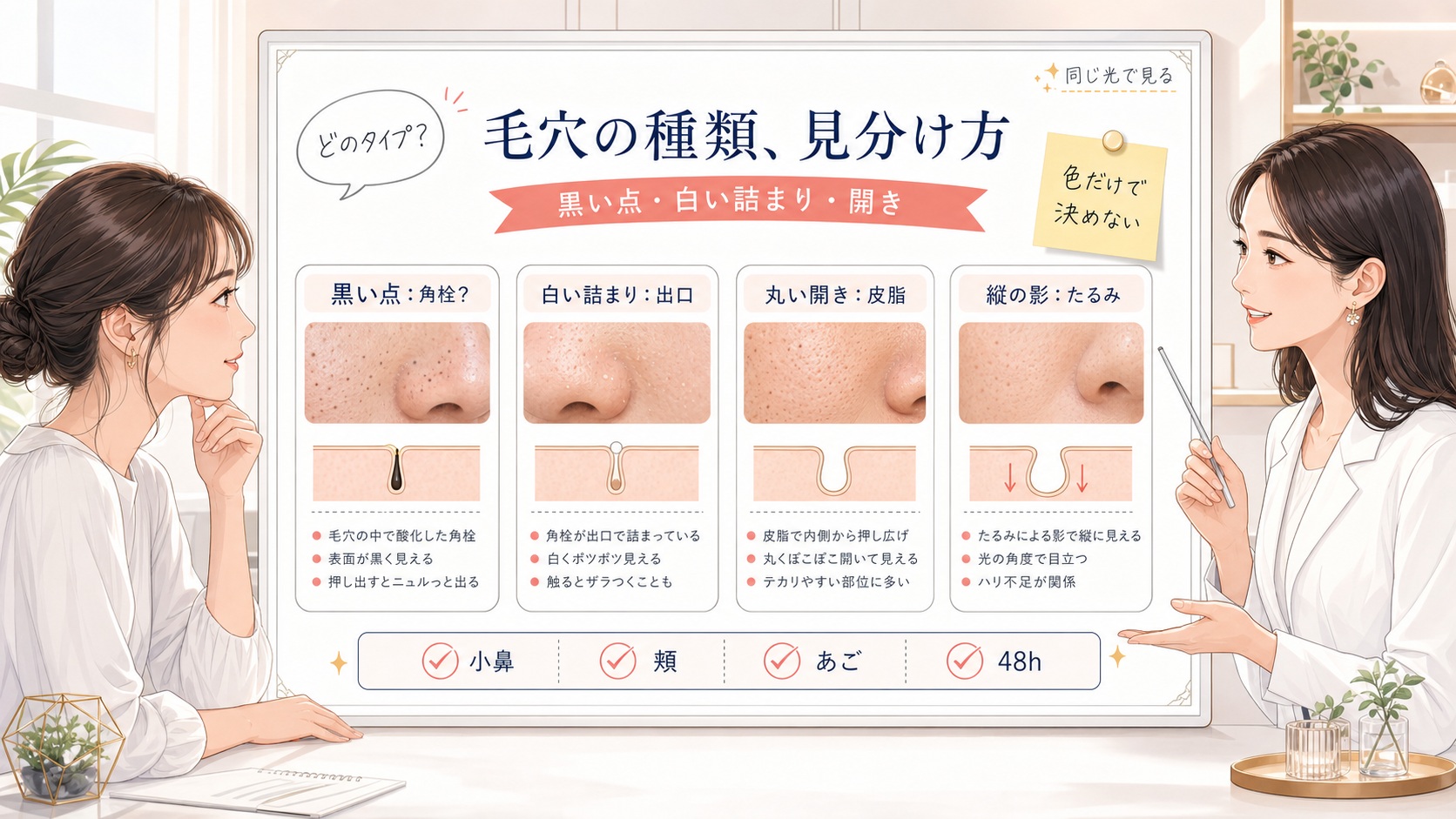 毛穴の種類の見分け方を黒い点、白い詰まり、丸い開き、たるみ、48時間の戻り方で整理する美容相談ボード