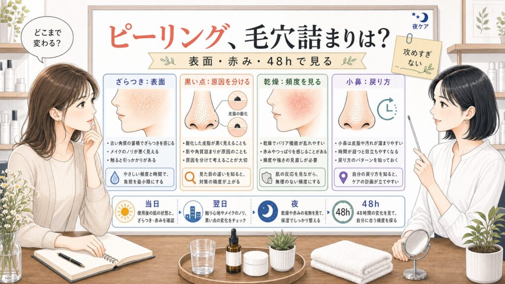 ピーリングと毛穴詰まりの効果を表面ざらつき、黒い点、赤み、48時間の戻り方で整理する美容相談ボード