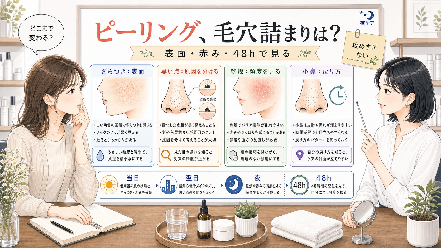 ピーリングと毛穴詰まりの効果を表面ざらつき、黒い点、赤み、48時間の戻り方で整理する美容相談ボード