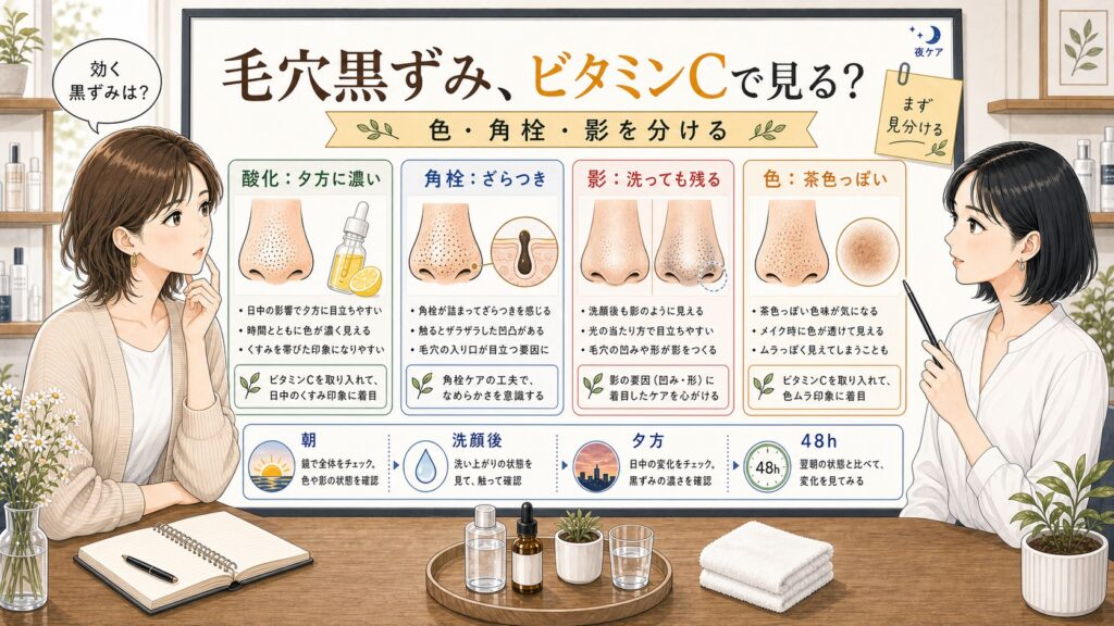 毛穴黒ずみをビタミンC、酸化、角栓、影、色で見分ける美容相談ボード