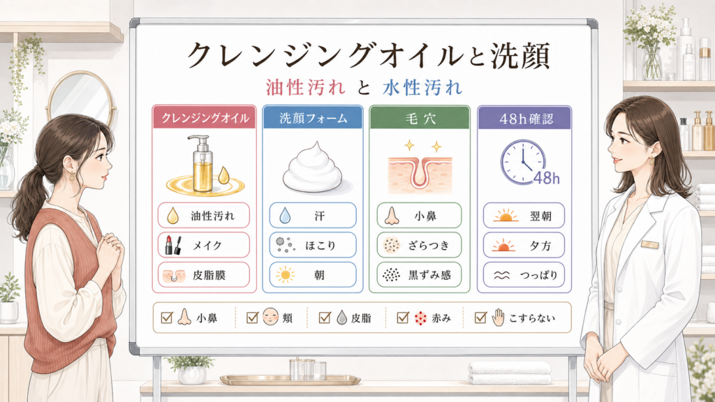 クレンジングオイルと洗顔フォームの違いを油性汚れと水性汚れで比較する美容相談ボード