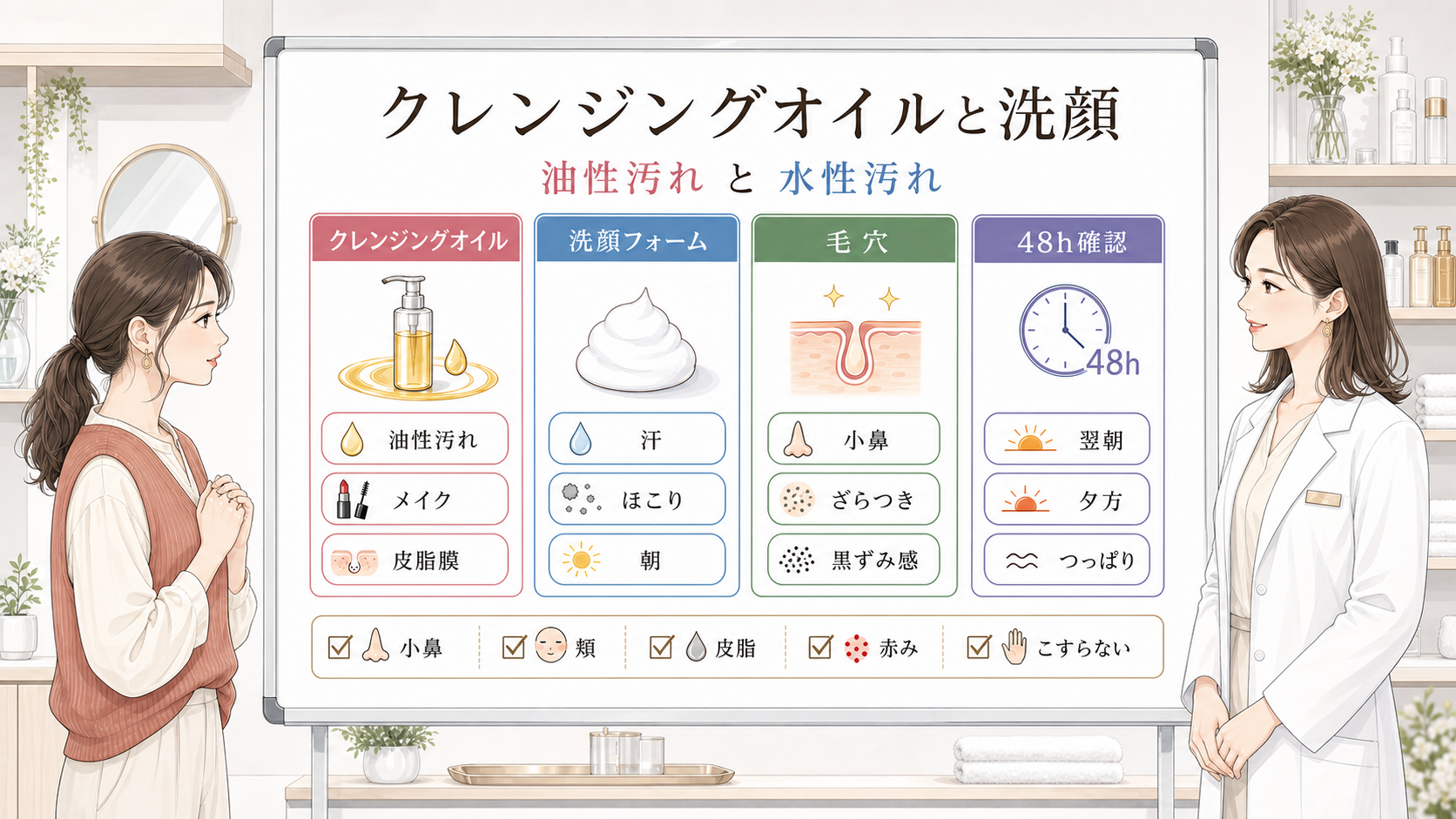クレンジングオイルと洗顔フォームの違いを油性汚れと水性汚れで比較する美容相談ボード