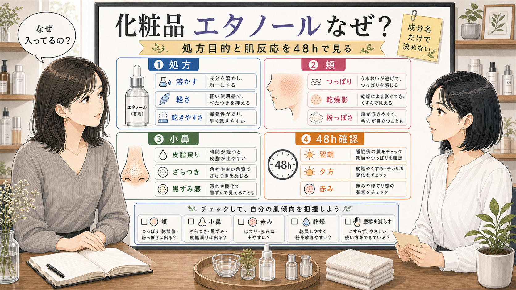 化粧品のエタノール配合理由と肌反応を比較する美容相談ボード