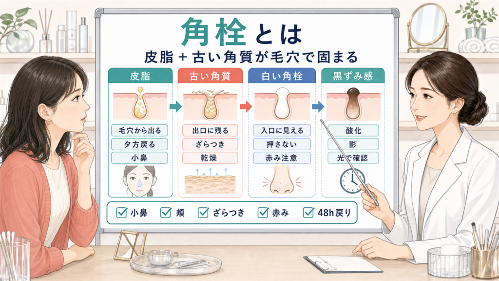 角栓とは何かを皮脂と古い角質の流れで説明する美容相談ボード