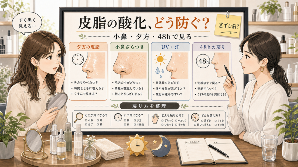 皮脂の酸化を防ぐために小鼻と夕方の皮脂を整理する美容相談ボード
