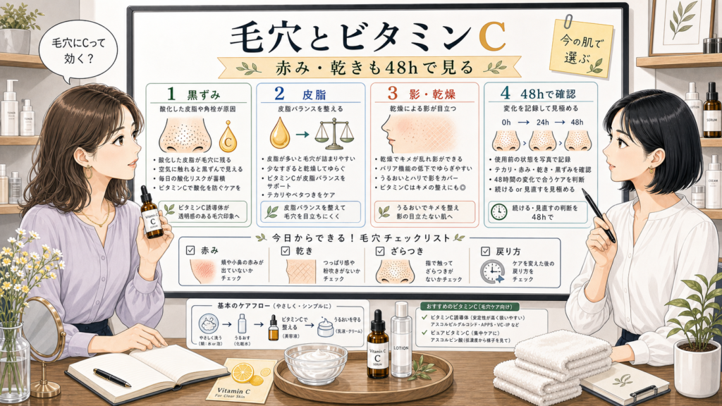 毛穴とビタミンCを赤みや乾きも含めて48時間で確認するChocobraラボの相談ボード