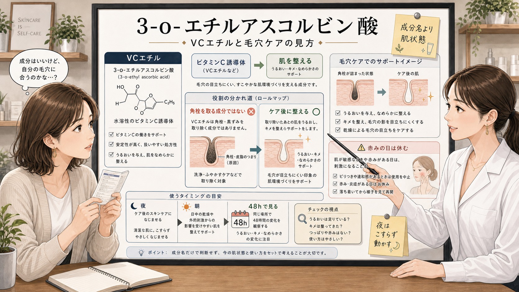 3-o-エチルアスコルビン酸とVCエチルの毛穴ケアでの見方を整理する美容相談ボード