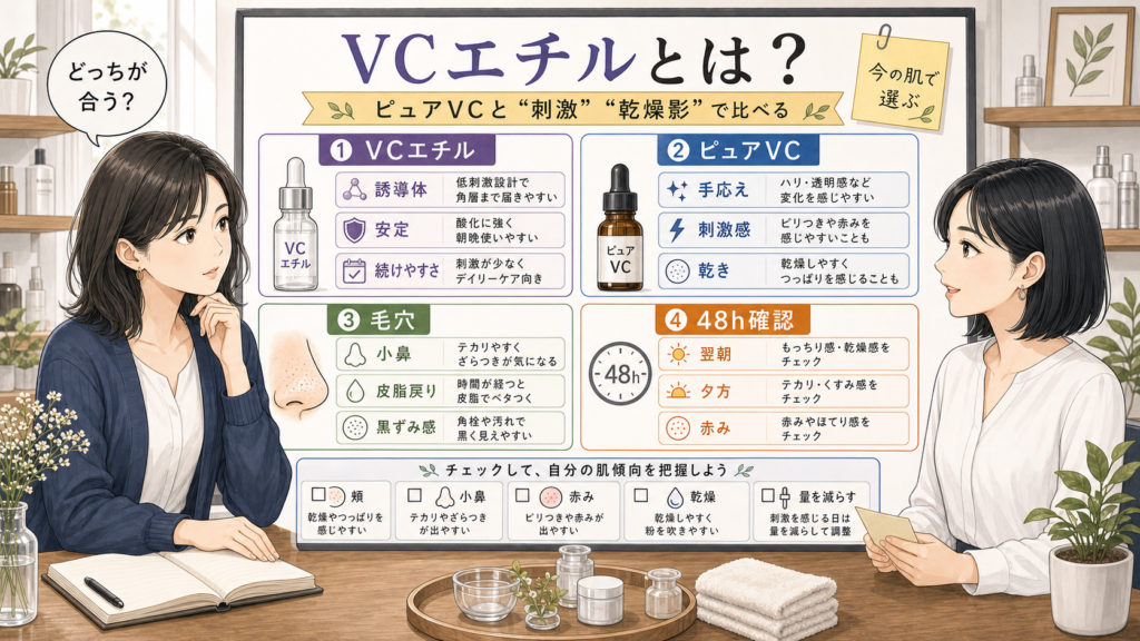 VCエチルとピュアビタミンCの違いを刺激感と乾燥影で比較する美容相談ボード