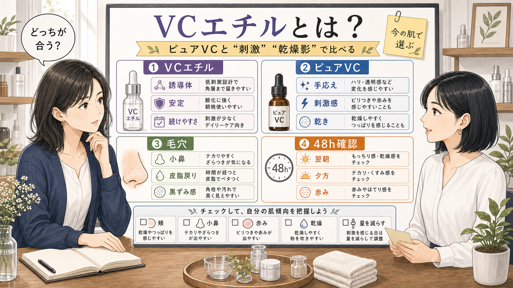 VCエチルとピュアビタミンCの違いを刺激感と乾燥影で比較する美容相談ボード