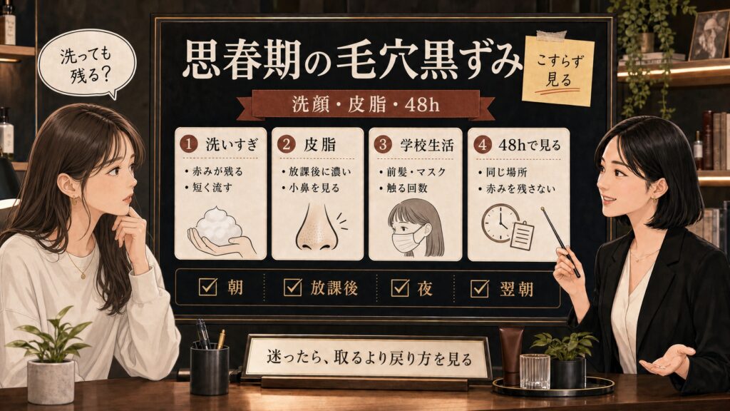 思春期の毛穴黒ずみと洗顔を洗いすぎ、皮脂、学校生活、48時間の戻り方で整理する美容相談ボード