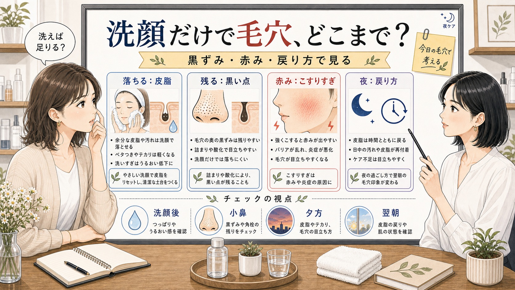 洗顔だけで毛穴がどこまで整うかを黒ずみ、赤み、戻り方で整理する美容相談ボード
