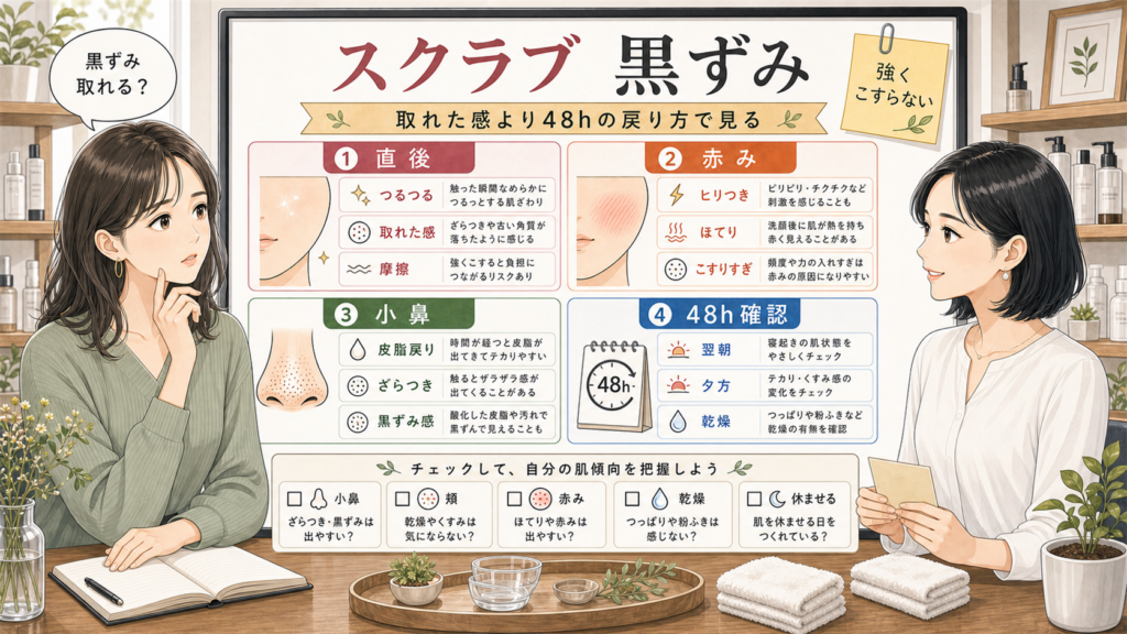 スクラブで黒ずみが悪化して見える理由を48時間で確認する美容メディア風比較ボード
