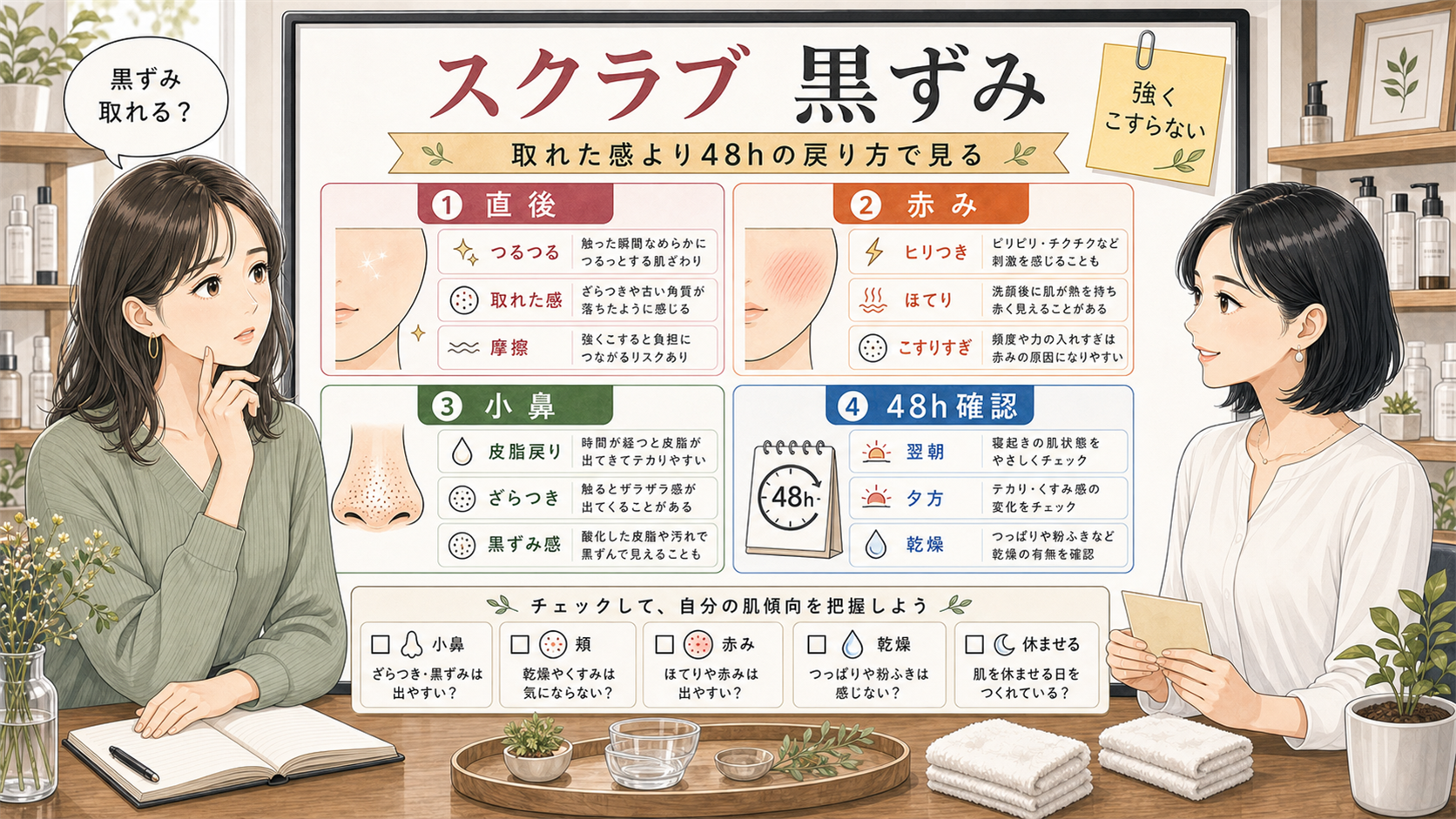 スクラブで黒ずみが悪化して見える理由を48時間で確認する美容メディア風比較ボード