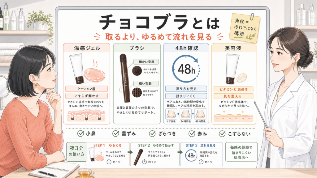 チョコブラの商品説明をボード内で整理した夜3分毛穴ケアの高密度比較アイキャッチ