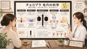 チョコブラの商品構造をさりげなく示した毛穴ケア科学の美容相談ボード