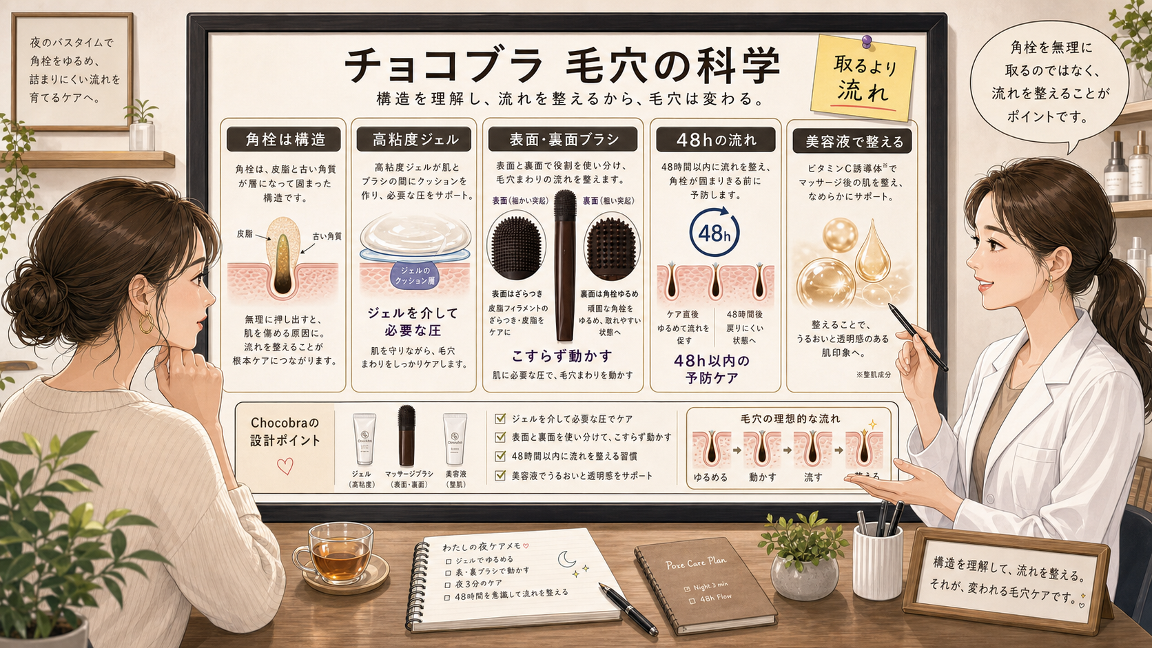 チョコブラの商品構造をさりげなく示した毛穴ケア科学の美容相談ボード