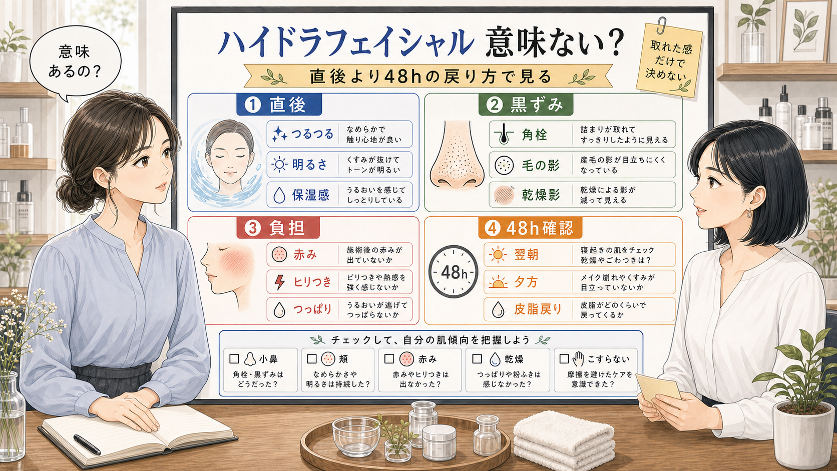 ハイドラフェイシャルの意味と毛穴の戻り方を48時間で比較する美容相談ボード