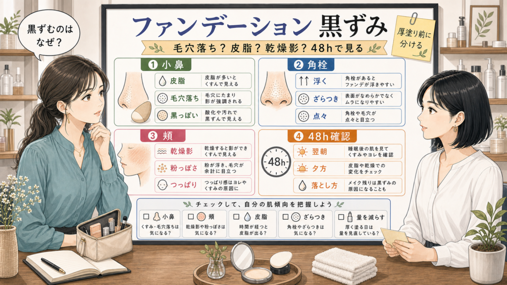 ファンデーションの黒ずみと毛穴落ちを皮脂と乾燥影で比較する美容相談ボード