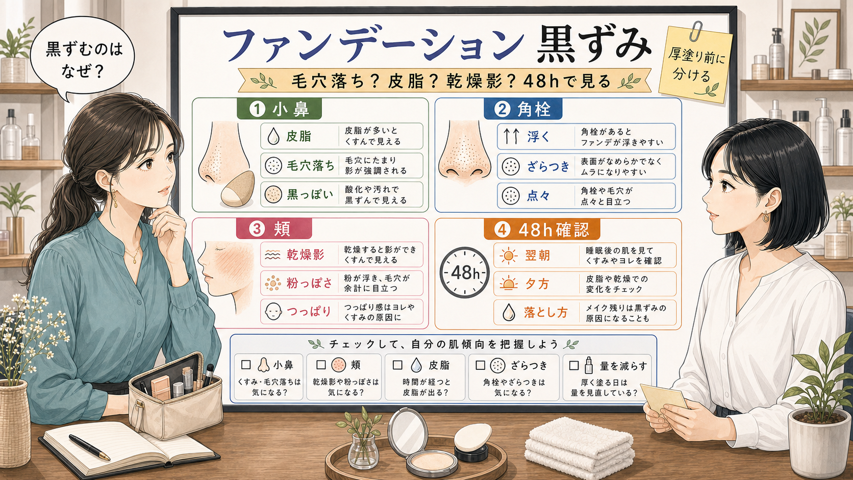 ファンデーションの黒ずみと毛穴落ちを皮脂と乾燥影で比較する美容相談ボード