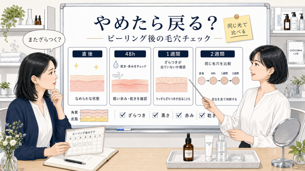 ケミカルピーリングをやめた後の毛穴の戻り方を48時間から2週間で確認するChocobraラボの相談ボード