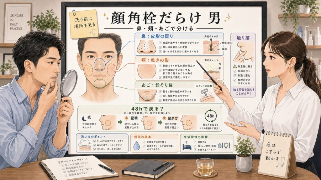 顔角栓だらけの男性向けに鼻頬あごの毛穴を分ける美容相談ボード