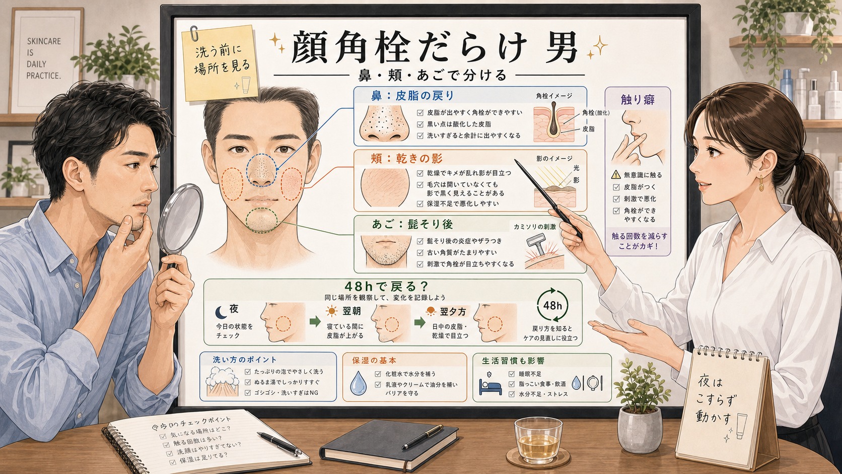 顔角栓だらけの男性向けに鼻頬あごの毛穴を分ける美容相談ボード