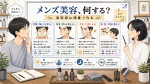 メンズ美容で何をするか洗顔、保湿、日焼け止め、眉、髪、48時間の順番で整理する美容相談ボード