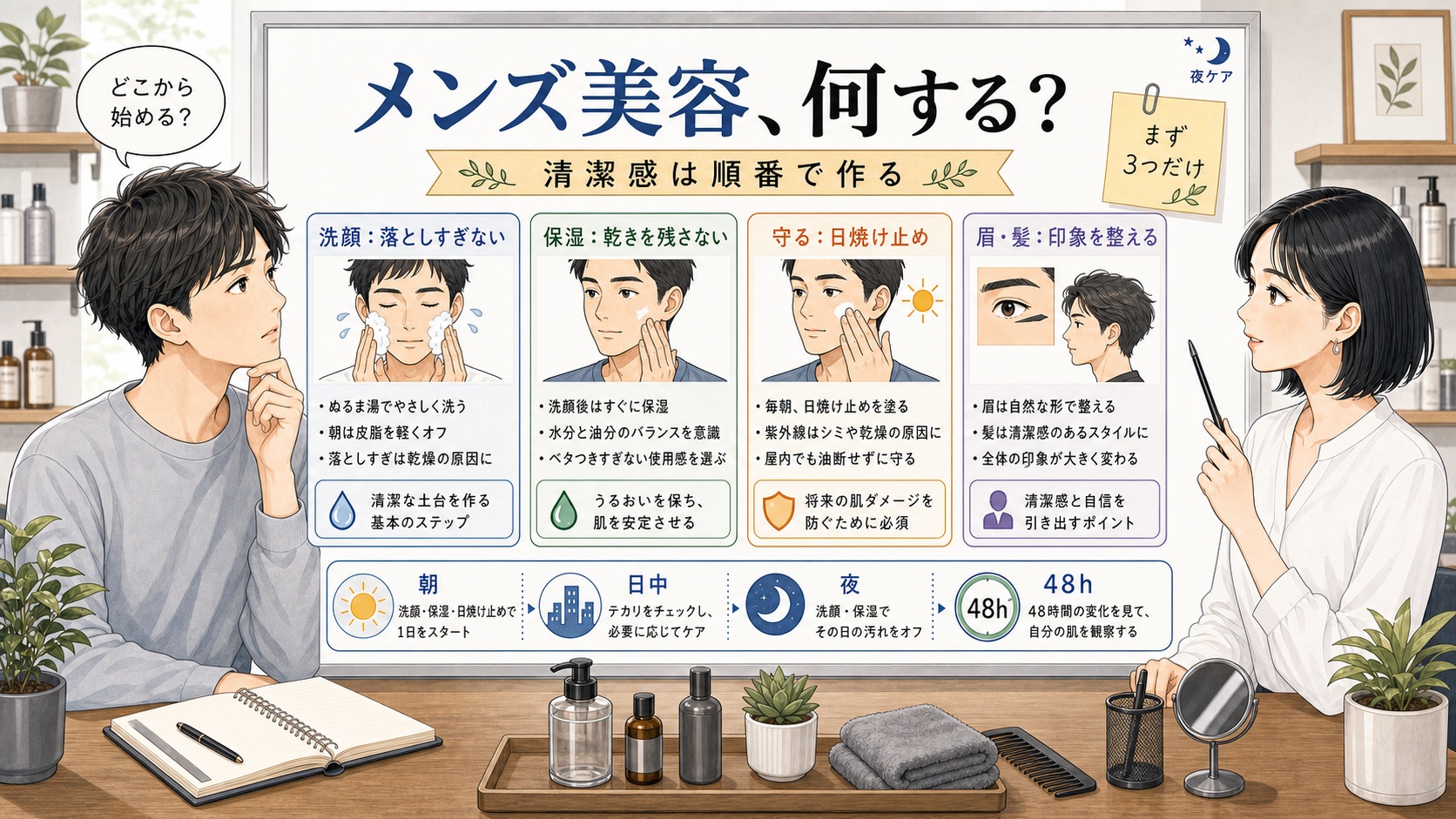 メンズ美容で何をするか洗顔、保湿、日焼け止め、眉、髪、48時間の順番で整理する美容相談ボード
