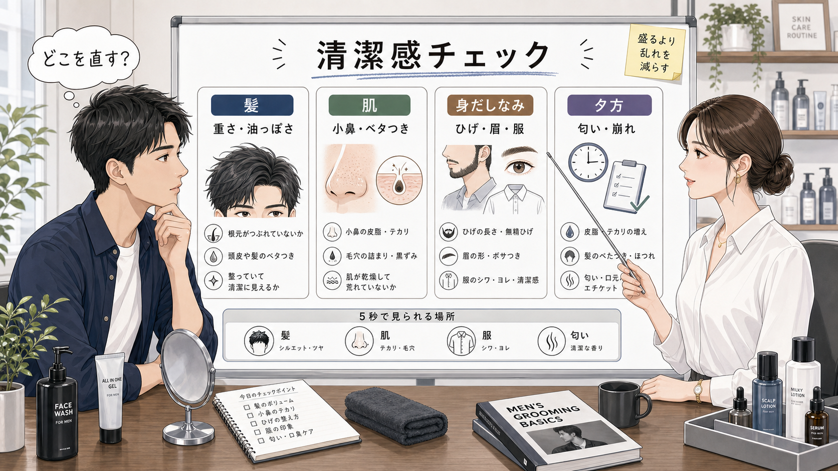 男性の清潔感を髪肌身だしなみ匂いで確認する比較ボード