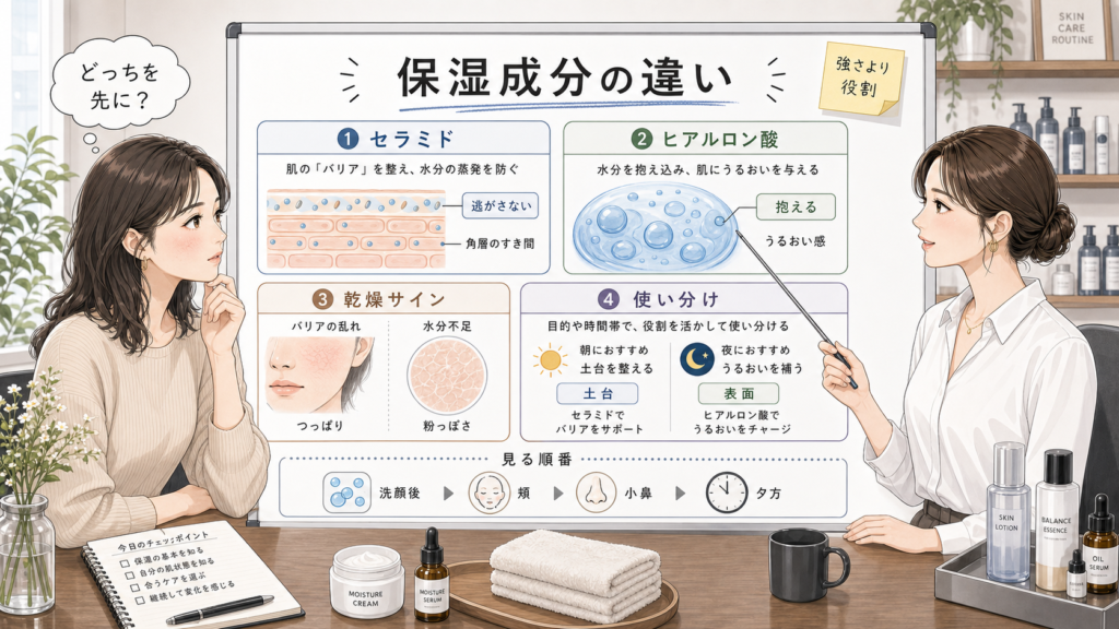 セラミドとヒアルロン酸の違いを保湿成分の役割で比較するボード