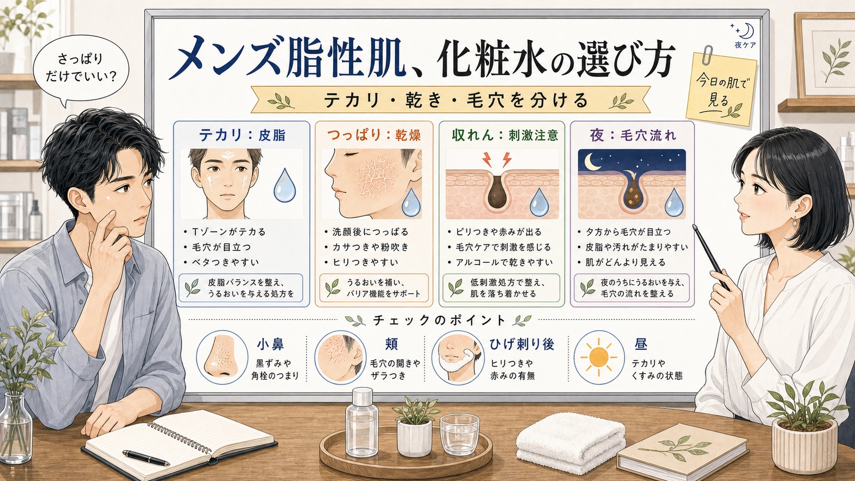 メンズ脂性肌の化粧水選びをテカリ、乾き、収れん、毛穴で整理する美容相談ボード