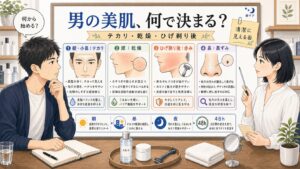 男の美肌をテカリ、乾燥、ひげ剃り後、鼻の黒ずみ、朝夜と48時間で整理する美容相談ボード