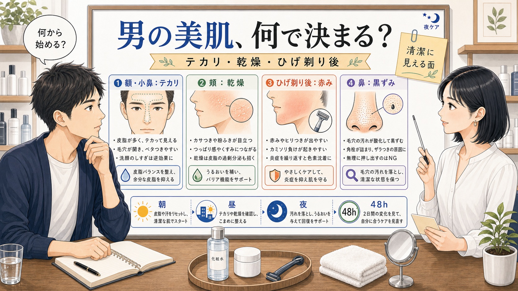 男の美肌をテカリ、乾燥、ひげ剃り後、鼻の黒ずみ、朝夜と48時間で整理する美容相談ボード