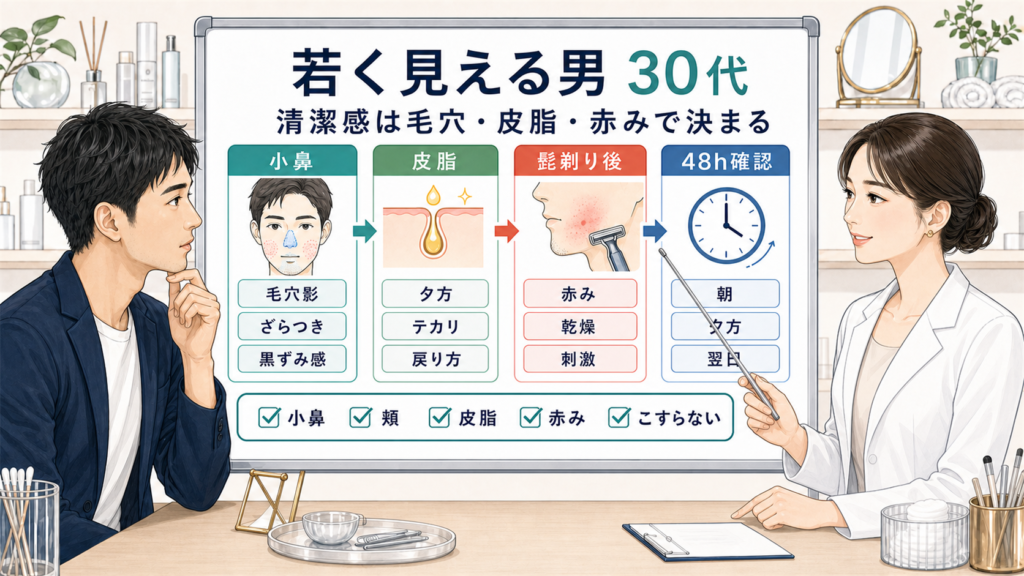 若く見える30代男性の清潔感を女性アドバイザーが毛穴と皮脂と赤みで比較する美容相談ボード