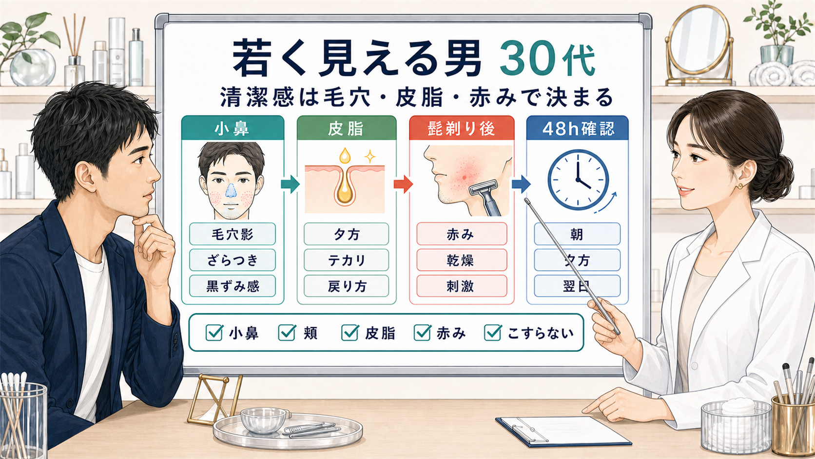 若く見える30代男性の清潔感を女性アドバイザーが毛穴と皮脂と赤みで比較する美容相談ボード